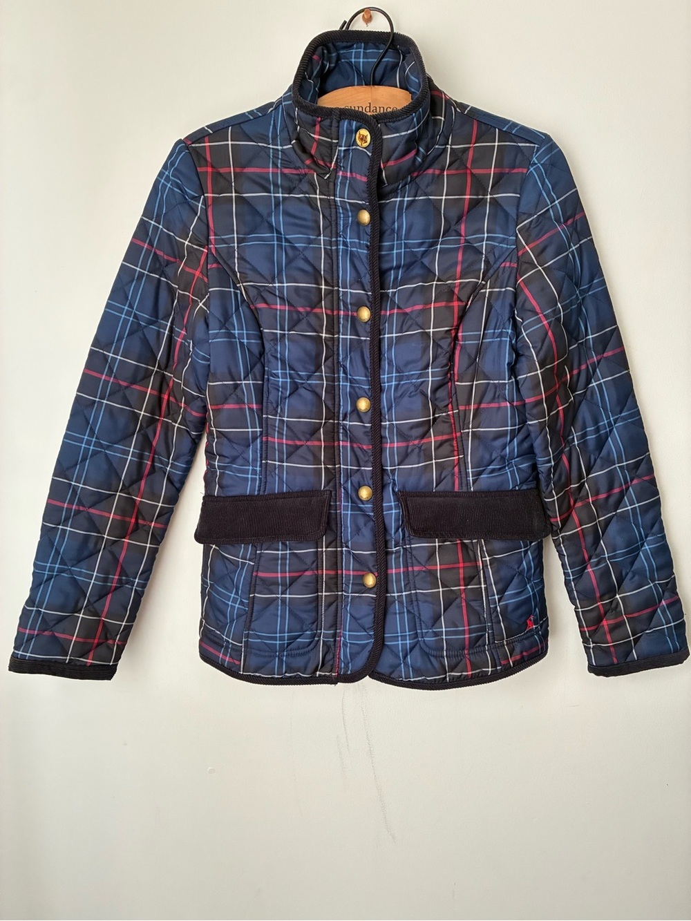 Joules Jacket Women’s 4 Navy Plaid Quilted with Elbow Patch